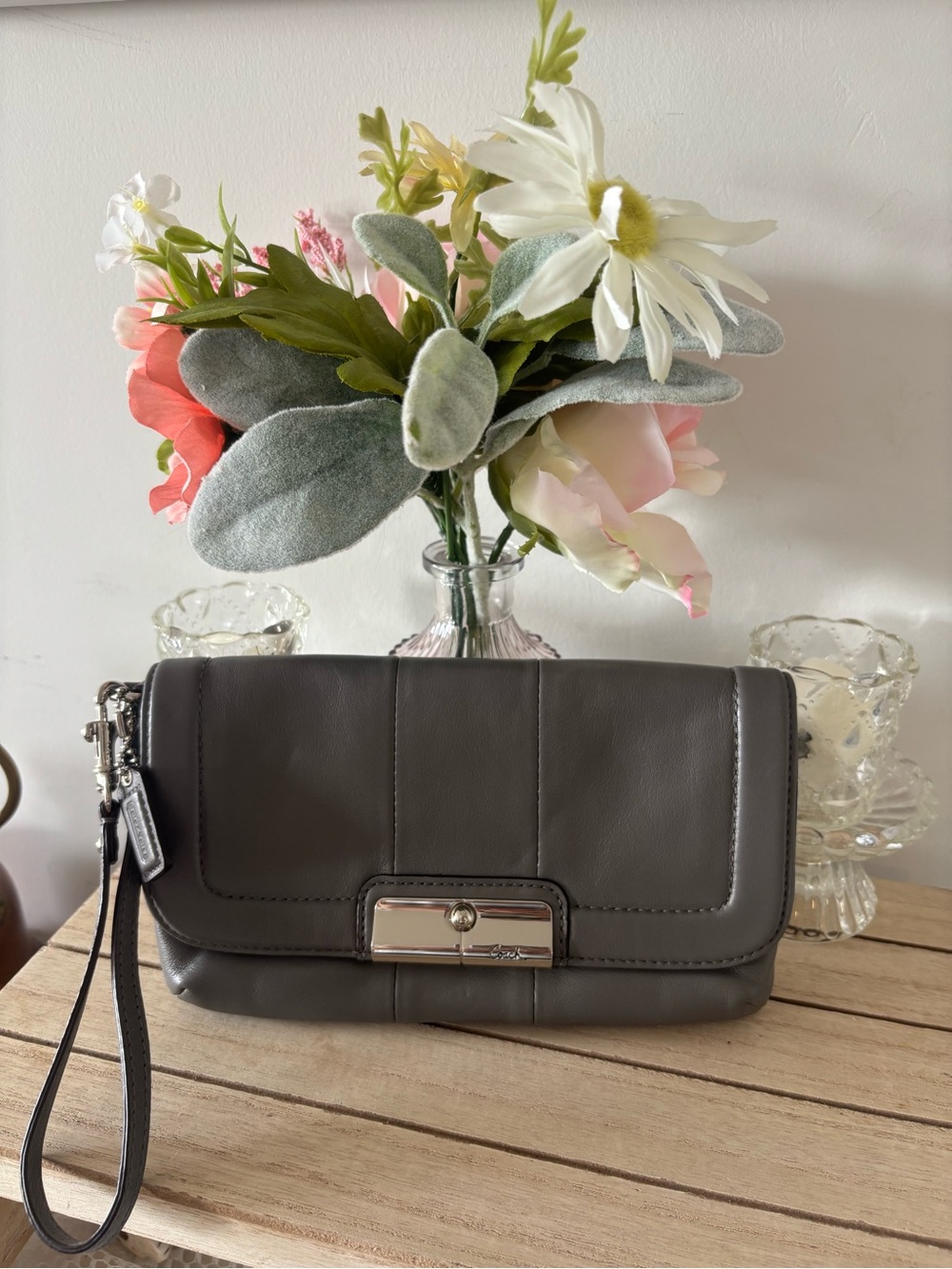 Coach Gray Leather Wristlet Clutch - Elegant Everyday Carry